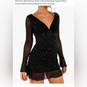 Women's Bell Sleeve Deep V-Neck Backless Sequin Mesh
Dress Ruffles Ruched Dresss